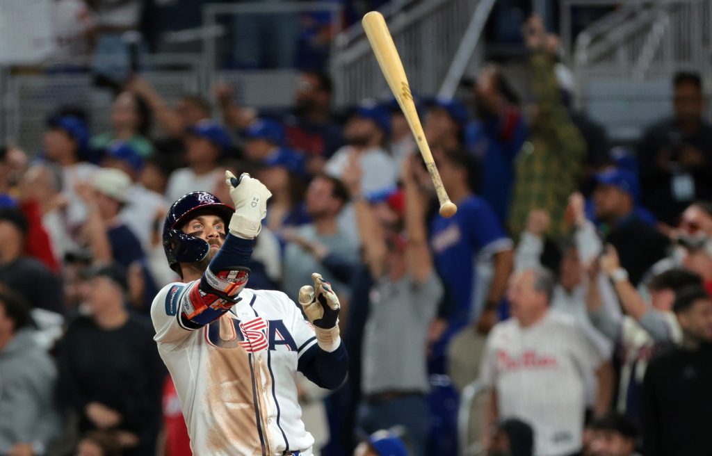 Mar 17, 2026; Miami, FL, United States;United States first baseman Bryce Harper (24) reacts after hitting a home run against Venezuela in the eighth inning during the 2026 World Baseball Classic Championship game at loanDepot Park. Mandatory Credit: