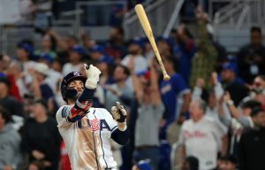 Mar 17, 2026; Miami, FL, United States;United States first baseman Bryce Harper (24) reacts after hitting a home run against Venezuela in the eighth inning during the 2026 World Baseball Classic Championship game at loanDepot Park. Mandatory Credit: