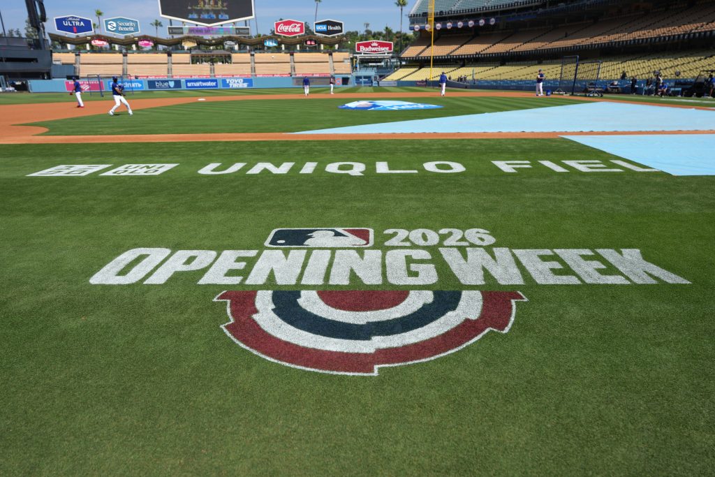 Mar 26, 2026; Los Angeles, California, USA; The MLB 2026 Opening Week logo on the field at Dodger Stadium.