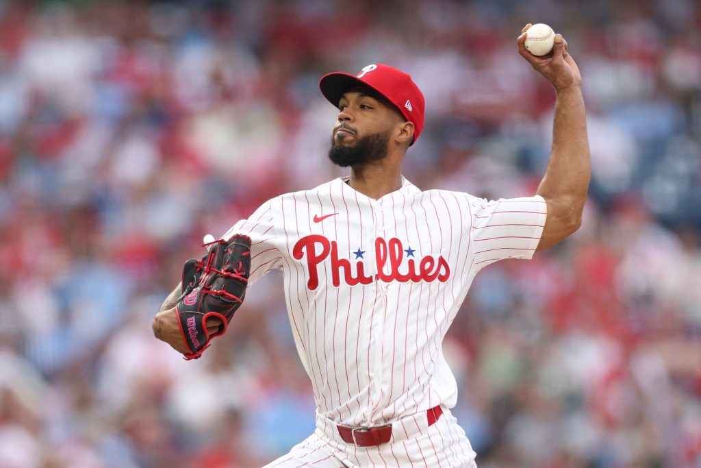Mar 26, 2026; Philadelphia, Pennsylvania, USA; Philadelphia Phillies pitcher Cristopher Snchez (61) throws a pitch during the fifth inning against the Texas Rangers at Citizens Bank Park.
