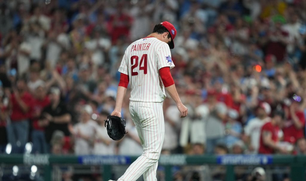 Mar 31, 2026; Philadelphia, Pennsylvania, USA; Philadelphia Phillies starting pitcher Andrew Painter (24) walks to the dugout after being removed from the game against the Washington Nationals in the sixth inning at Citizens Bank Park.