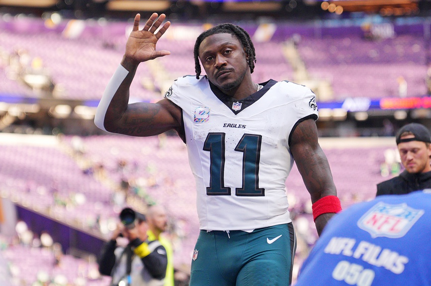 Oct 19, 2025; Minneapolis, Minnesota, USA; Philadelphia Eagles wide receiver A.J. Brown (11) waves to the fans after the game against the Minnesota Vikings at U.S. Bank Stadium.
