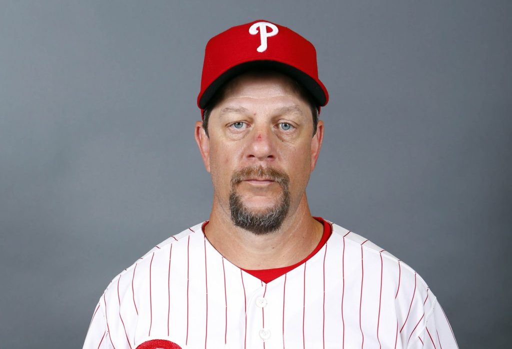 Feb 20, 2017; Clearwater, FL, USA; Philadelphia Phillies first base coach Mickey Morandini (12) poses for a photo during spring training at Spectrum Field.