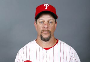 Feb 20, 2017; Clearwater, FL, USA; Philadelphia Phillies first base coach Mickey Morandini (12) poses for a photo during spring training at Spectrum Field.
