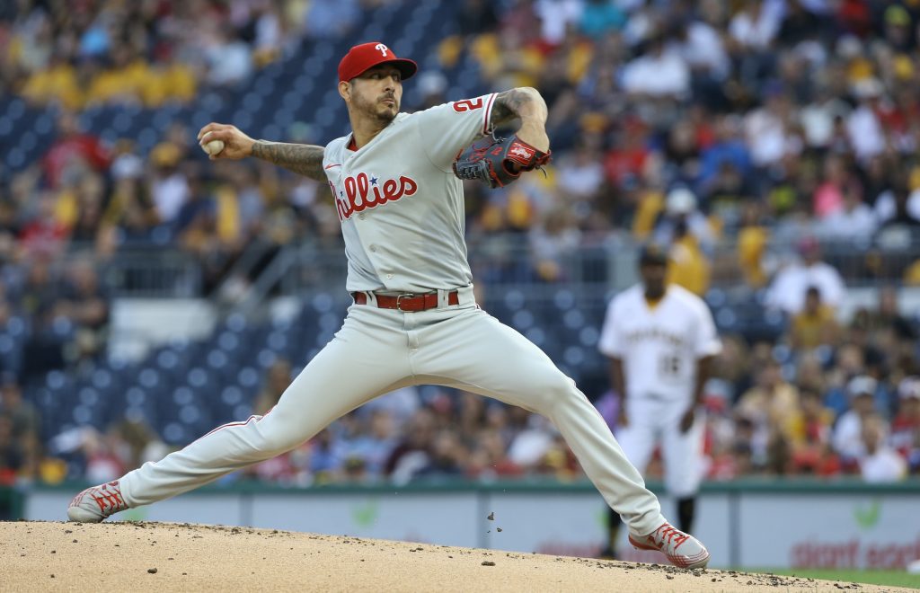 Jul 30, 2021; Pittsburgh, Pennsylvania, USA; Philadelphia Phillies starting pitcher Vince Velasquez (21) delivers a pitch against the Pittsburgh Pirates during the first inning at PNC Park.