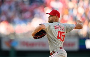 Mar 27, 2025; Washington, District of Columbia, USA; Philadelphia Phillies pitcher Zack Wheeler (45) throws a pitch during the first inning against the Washington Nationals at Nationals Park.