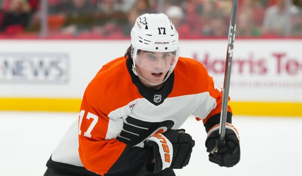 Oct 11, 2025; Raleigh, North Carolina, USA; Philadelphia Flyers right wing Tyson Foerster (71) skates against the Carolina Hurricanes during the first period at Lenovo Center.