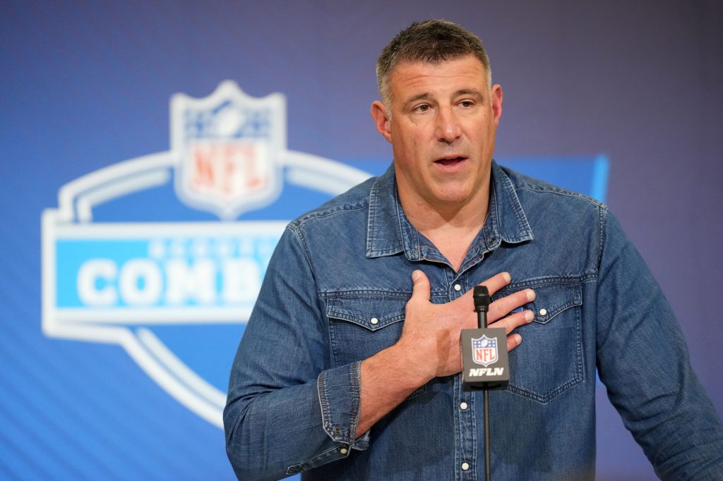 Feb 25, 2026; Indianapolis, IN, USA; New England Patriots coach Mike Vrabel speaks during the NFL Scouting Combine at the Indiana Convention Center.