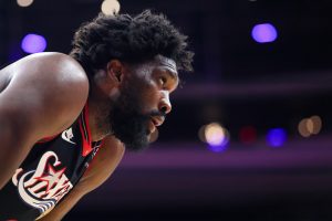 Feb 26, 2026; Philadelphia, Pennsylvania, USA; Philadelphia 76ers center Joel Embiid (21) looks on during the third quarter against the Miami Heat at Xfinity Mobile Arena.