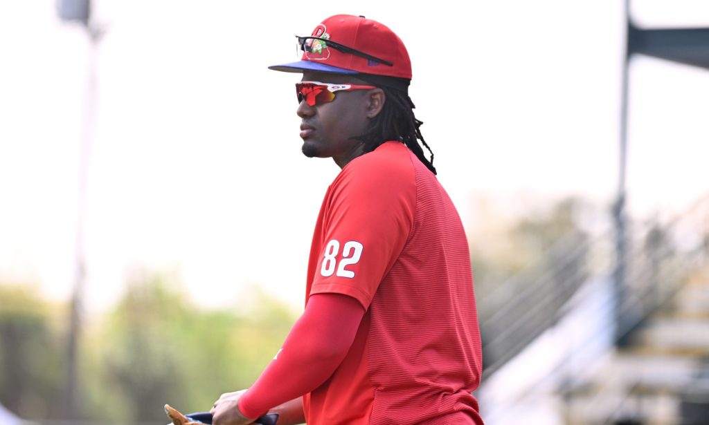 Mar 6, 2026; Bradenton, Florida, USA; Philadelphia Phillies first baseman Felix Reyes (82) prepares to take batting practice before the start of the game against the Pittsburgh Pirates during spring training at LECOM Park.