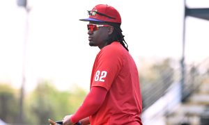 Mar 6, 2026; Bradenton, Florida, USA; Philadelphia Phillies first baseman Felix Reyes (82) prepares to take batting practice before the start of the game against the Pittsburgh Pirates during spring training at LECOM Park.