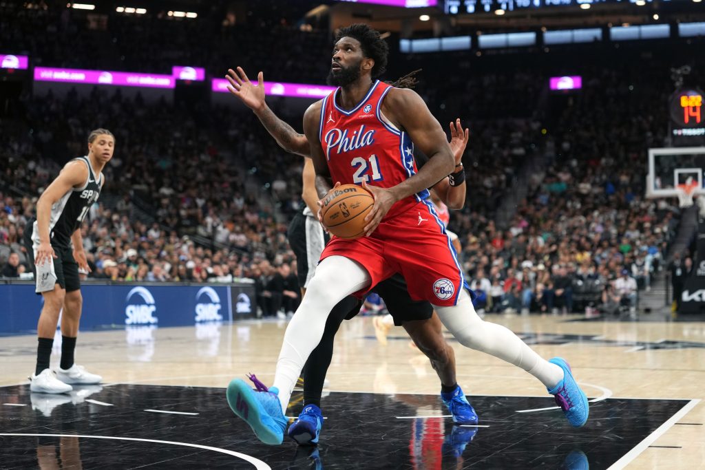 Apr 6, 2026; San Antonio, Texas, USA; Philadelphia 76ers center Joel Embiid (21) drives to the basket during the second half against the San Antonio Spurs at Frost Bank Center.