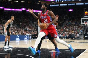 Apr 6, 2026; San Antonio, Texas, USA; Philadelphia 76ers center Joel Embiid (21) drives to the basket during the second half against the San Antonio Spurs at Frost Bank Center.