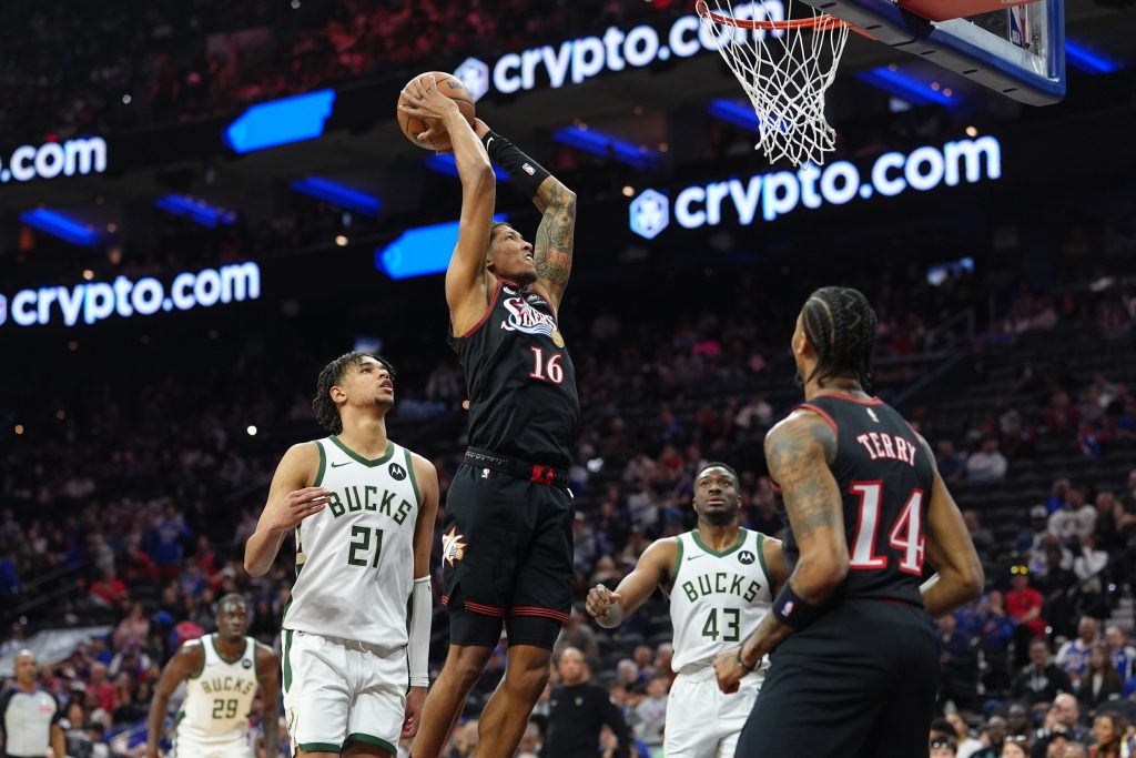 Apr 12, 2026; Philadelphia, Pennsylvania, USA; Philadelphia 76ers forward MarJon Beauchamp (16) drives to shoot against the Milwaukee Bucks in the fourth quarter at Xfinity Mobile Arena.