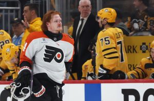 Apr 20, 2026; Pittsburgh, Pennsylvania, USA; Philadelphia Flyers right wing Owen Tippett (74) leaves the ice with a bloody nose after a scrum against the Pittsburgh Penguins during the third period in game two of the first round of the 2026 Stanley Cup Playoffs at PPG Paints Arena.
