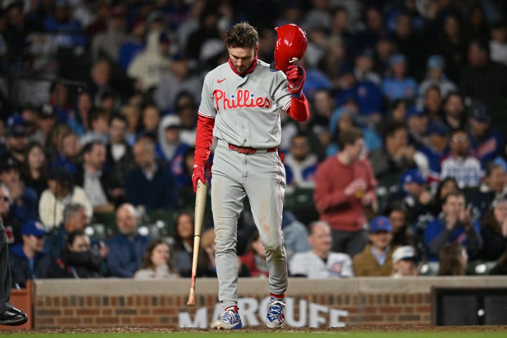 Apr 22, 2026; Chicago, Illinois, USA; Philadelphia Phillies shortstop Trea Turner (7) reacts after striking out against the Chicago Cubs during the seventh inning at Wrigley Field.