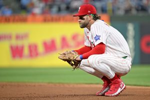 Mar 30, 2026; Philadelphia, Pennsylvania, USA; Philadelphia Phillies first baseman Bryce Harper (3) takes break during a pitching change in the ninth inning at Citizens Bank Park.