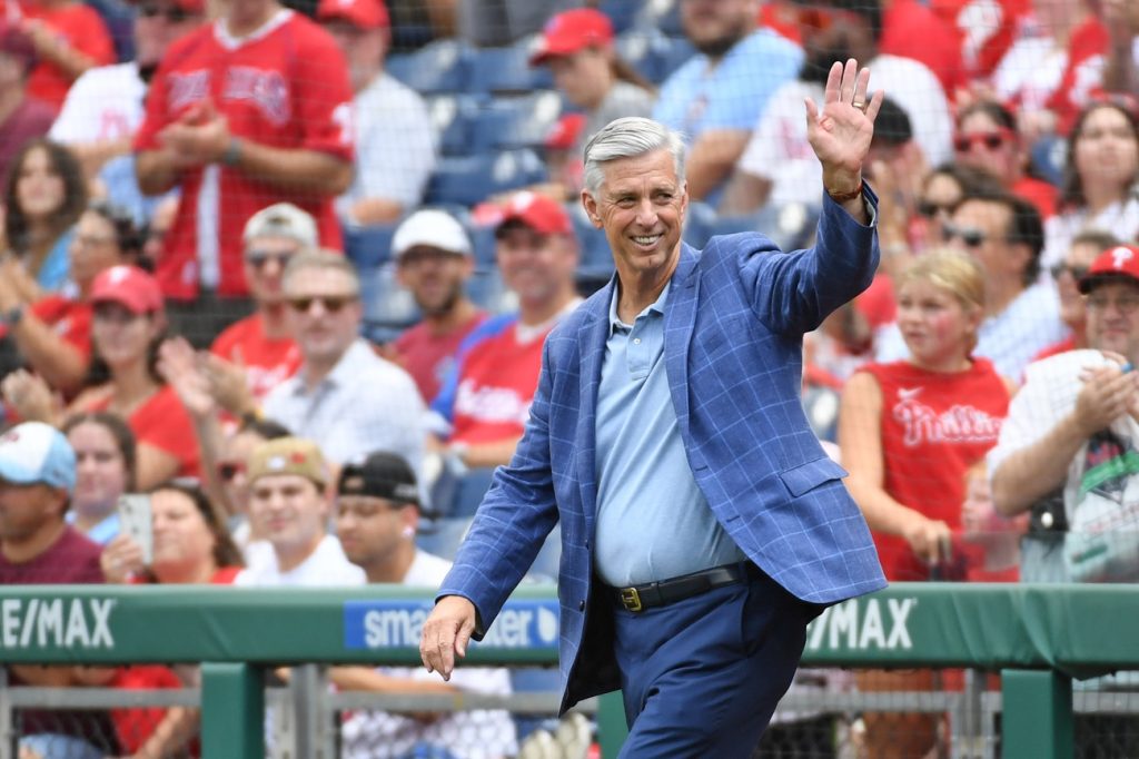Aug 18, 2024; Philadelphia, Pennsylvania, USA; Former Philadelphia Phillies president Dave Dombrowski during Phillies Alumni Weekend and the 20th anniversary of Citizens Bank Park before game against the Washington Nationals at Citizens Bank Park.