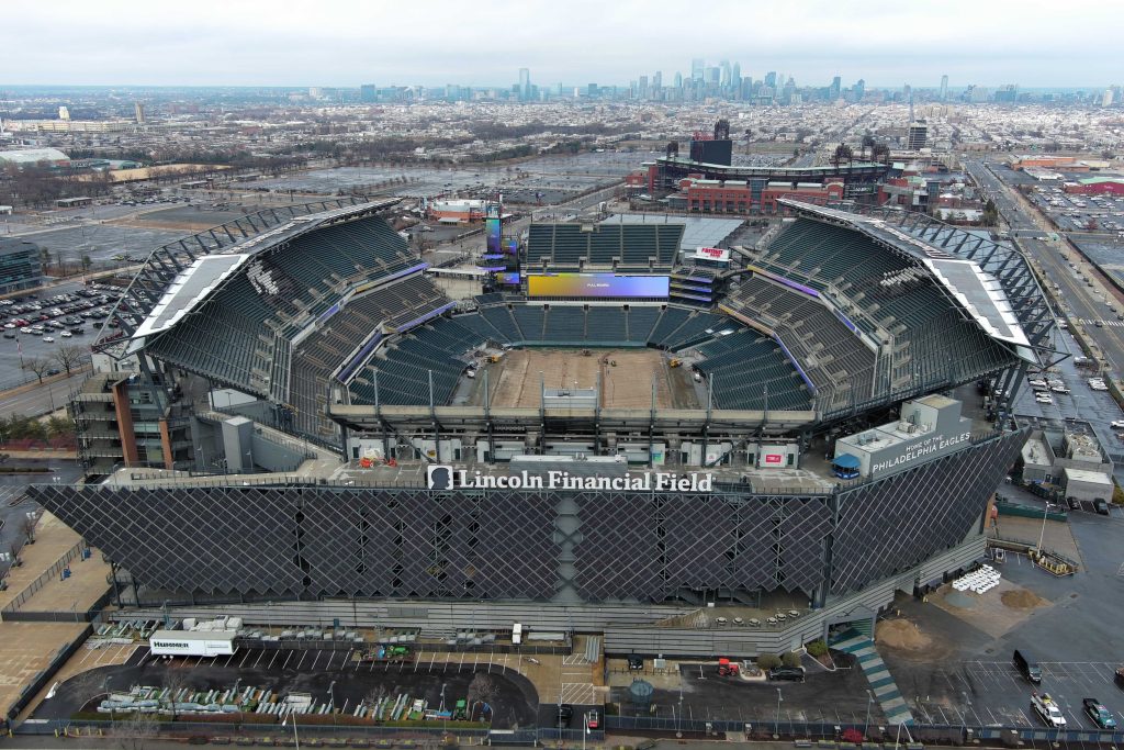 Feb 13, 2025; Philadelphia, PA, USA; A general overall aerial view of Lincoln Financial Field. The stadium is the home of the Philadelphia Eagles.