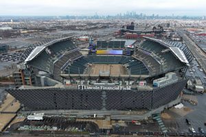 Feb 13, 2025; Philadelphia, PA, USA; A general overall aerial view of Lincoln Financial Field. The stadium is the home of the Philadelphia Eagles.
