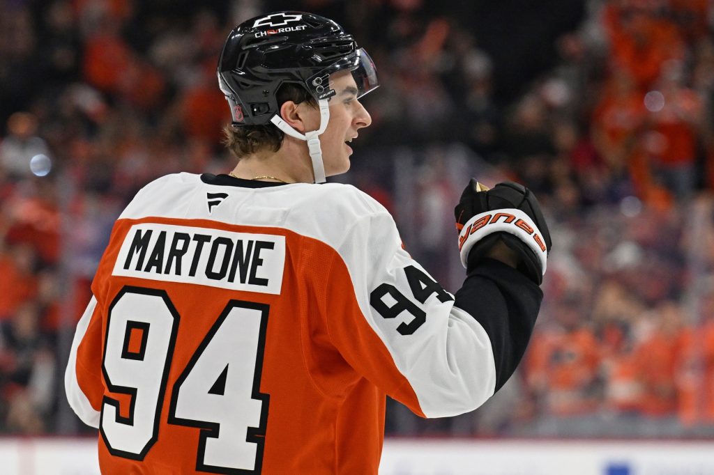 Apr 14, 2026; Philadelphia, Pennsylvania, USA; Philadelphia Flyers right wing Porter Martone (94) celebrates his goal against the Montral Canadiens during the first period at Xfinity Mobile Arena.