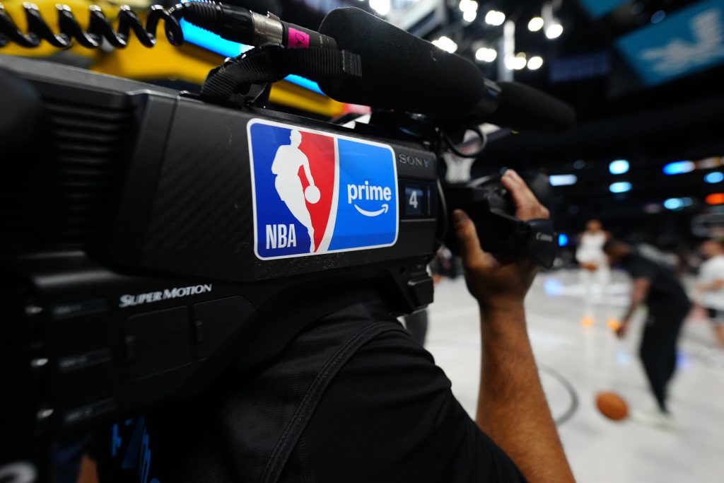 Apr 4, 2026; Denver, Colorado, USA; General view of a NBA Amazon Prime broadcast camera before the game between the San Antonio Spurs against the Denver Nuggets at Ball Arena.