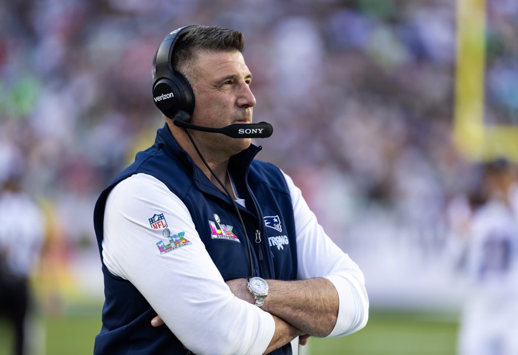 Feb 8, 2026; Santa Clara, CA, USA; New England Patriots head coach Mike Vrabel against the Seattle Seahawks during Super Bowl LX at Levi's Stadium.